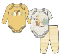 Load image into Gallery viewer, CLEARANCE!! HALF-PRICE!! 3-Piece Baby Neutral Happy Safari Onesies® Bodysuits and Pants Set