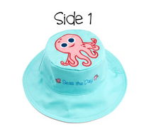 Load image into Gallery viewer, Reversible Kids & Toddler Sun Hat - Pink Octopus & Sea Turtle