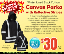 Load image into Gallery viewer, Winter Lined Black Cotton Canvas Parka with Reflective Stripes
