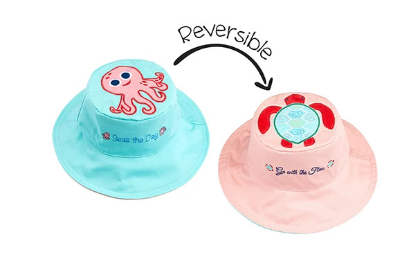 Reversible Kids & Toddler Sun Hat - Pink Octopus & Sea Turtle